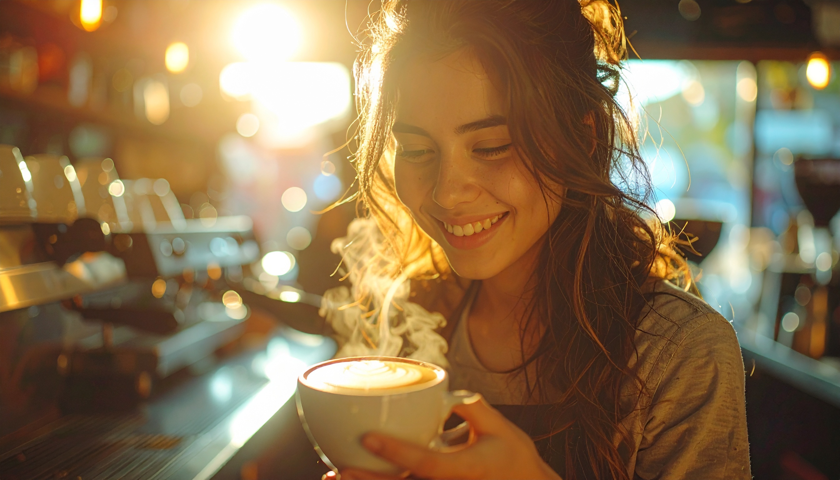 Jovem sorridente segurando uma xícara de café com latte art em uma cafeteria iluminada pelo sol. A cena é banhada por uma luz dourada, com um fundo desfocado destacando o ambiente acolhedor e a textura do vapor subindo da bebida. A composição em close-up captura a expressão de alegria, enquanto a iluminação suave e quente cria uma atmosfera convidativa e tranquila.